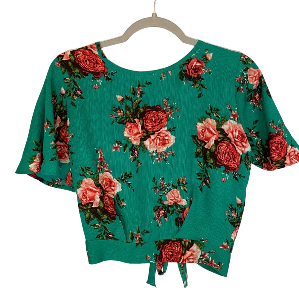 ANTHROPOLOGIE DAILY SPECIAL Green Floral Tie in Back Short Sleeve Blouse Size M